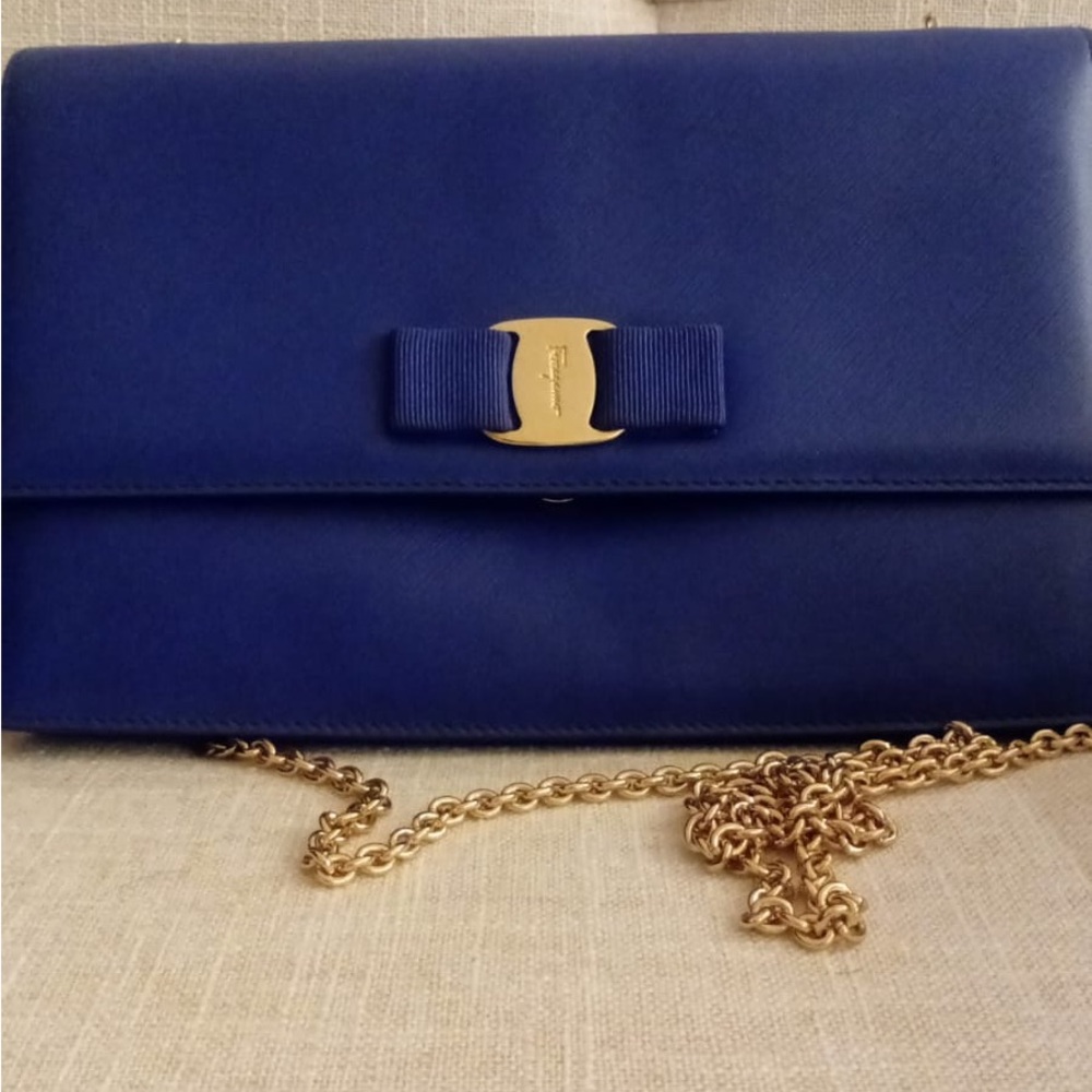 Salvatore Ferragamo Blue and Gold Clutch with Bow Detail